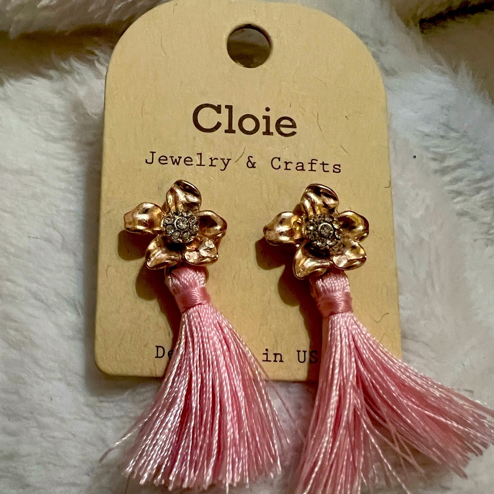 Pink post back tassel earrings